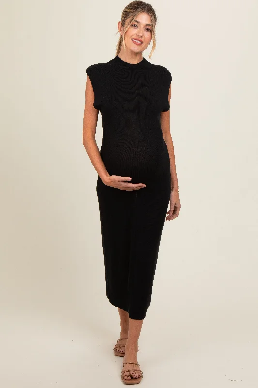 Black Knit Mock Neck Maternity Midi Dress Hot new arrivals in midi dresses