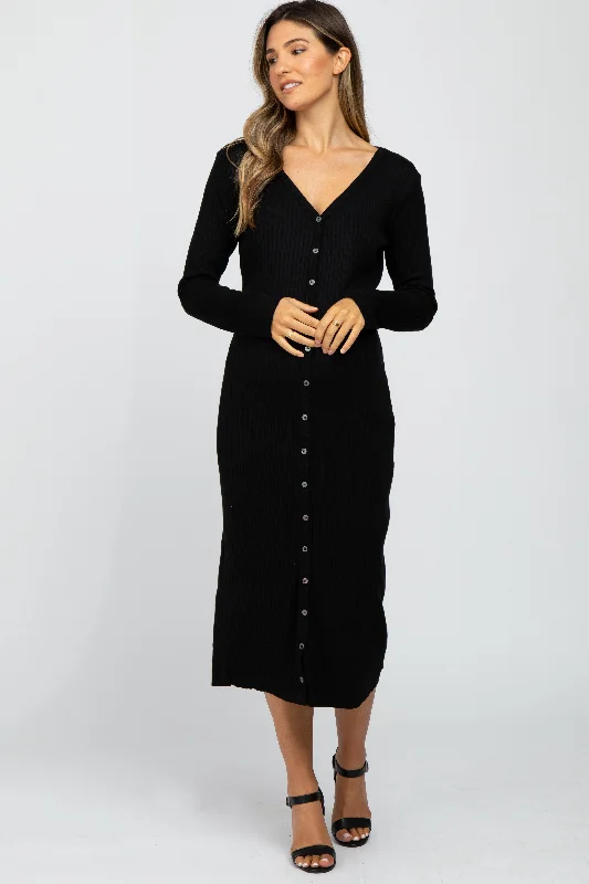 Black Ribbed Button Front Midi Cardigan Maternity Dress Best midi dresses for casual wear