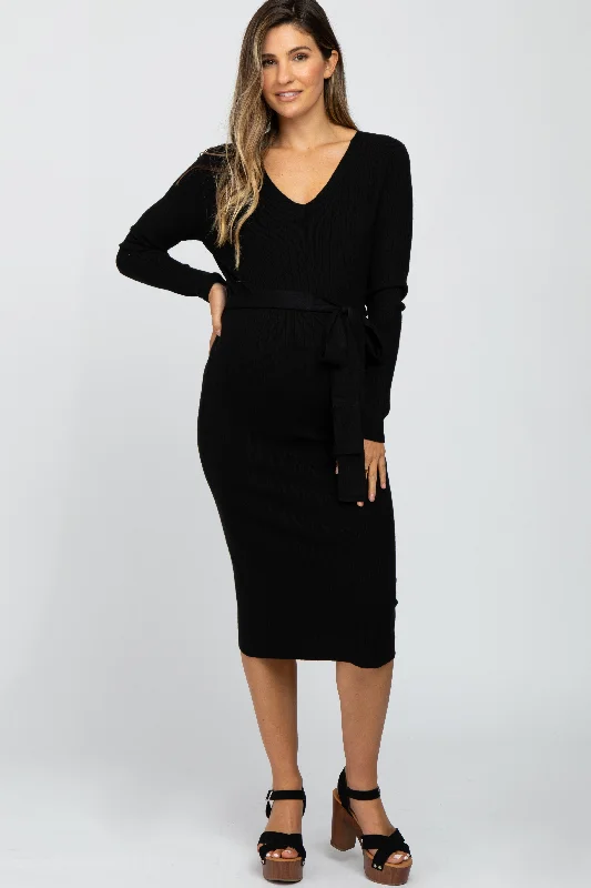 Black Tie Front Maternity Sweater Midi Dress Best midi dresses for curvy figures