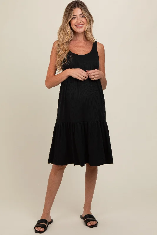 Black Tiered Sleeveless Maternity Midi Dress Elegant midi dresses