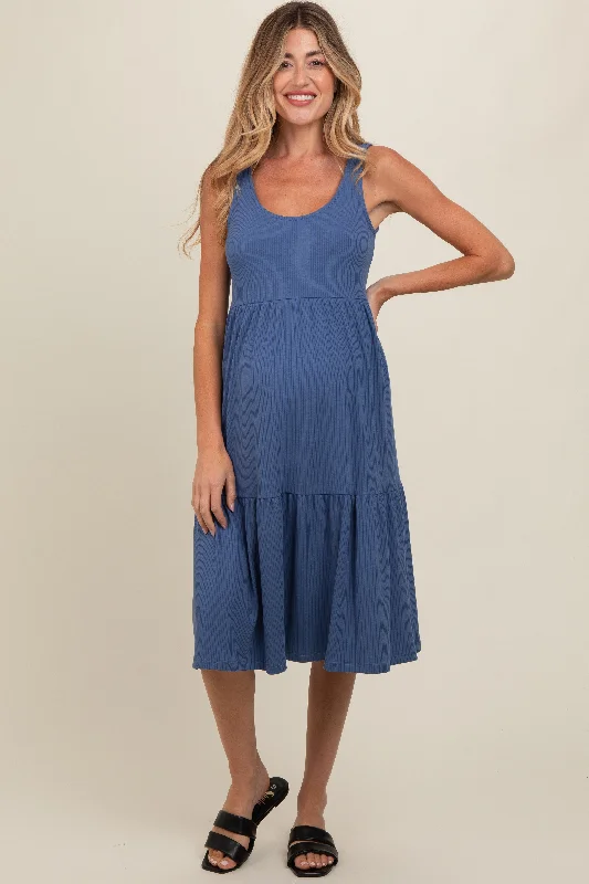 Blue Tiered Sleeveless Maternity Midi Dress Date night midi dresses