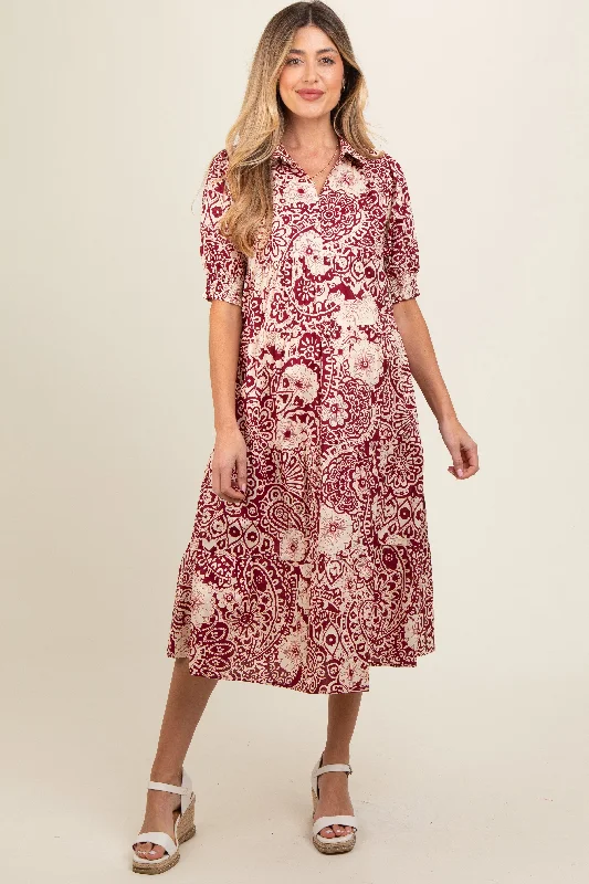 Burgundy Floral Collared Tiered Maternity Midi Dress Y2K midi dresses