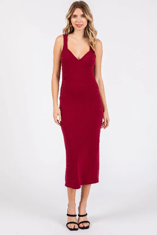 Burgundy Ribbed Sweetheart Neck Midi Dress Designer midi dresses