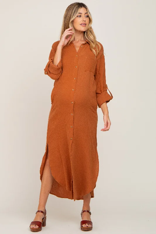 Camel Button Down 3/4 Sleeve Maternity Midi Dress Glamorous midi dresses