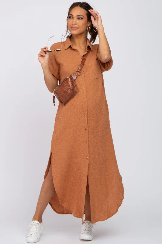 Camel Button Down Maternity Midi Dress Urban Outfitters midi dresses