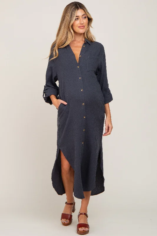 Charcoal Button Down 3/4 Sleeve Maternity Midi Dress Boho midi dresses