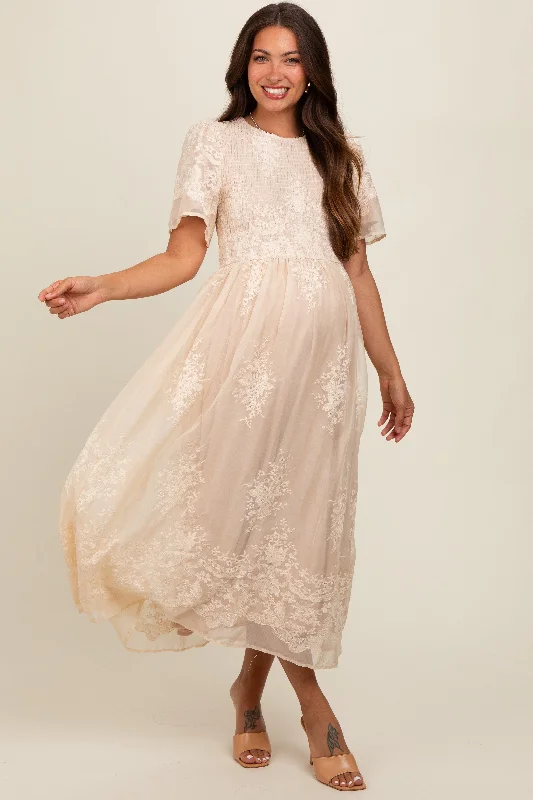 Cream Embroidered Smocked Maternity Midi Dress Sexy midi dresses