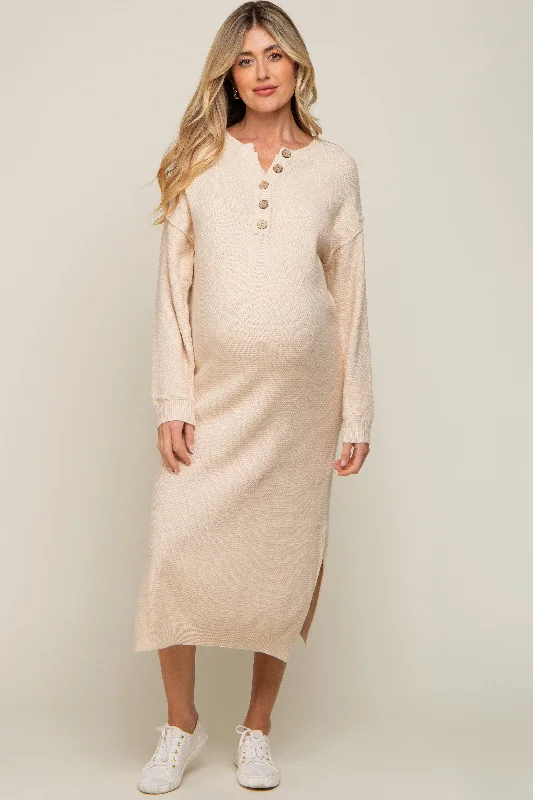 Cream Waffle Knit Button Long Sleeve Maternity Midi Dress Versatile midi dresses for all occasions