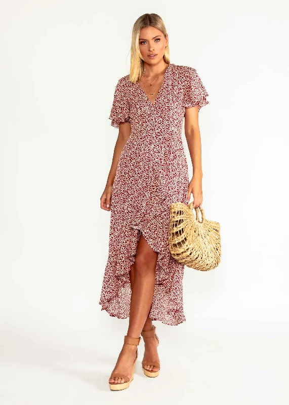 First Look Wrap Midi Dress - Red Floral Vacation midi dresses