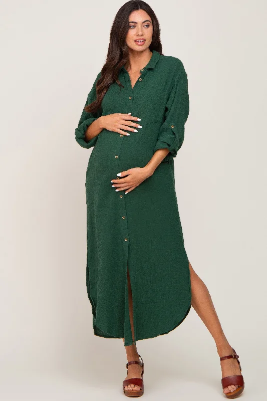 Forest Green Button Down 3/4 Sleeve Maternity Midi Dress Velvet midi dresses