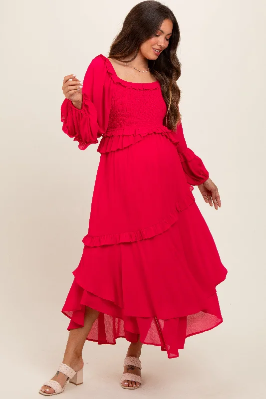 Fuchsia Smocked Ruffle Long Sleeve Maternity Midi Dress Satin midi dresses