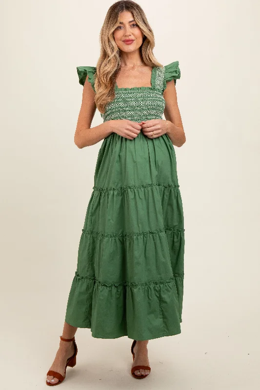 Green Embroidered Smocked Maternity Midi Dress Spring midi dresses