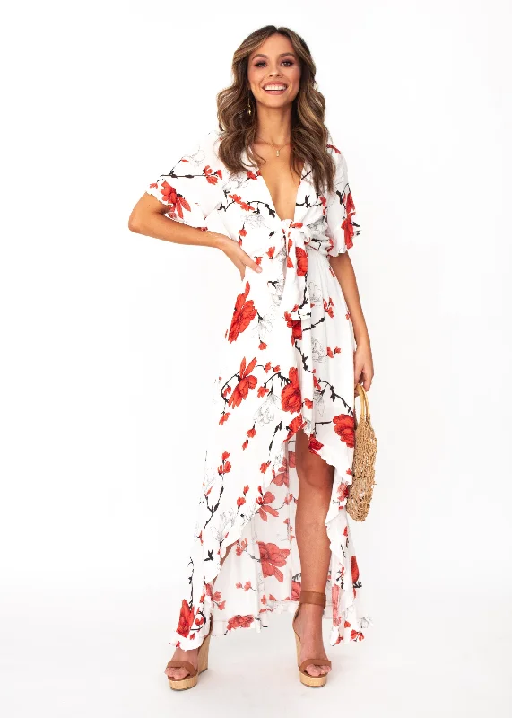 Harmony Tie Hi-Low Midi Dress - White/Red Floral Luxury midi dresses