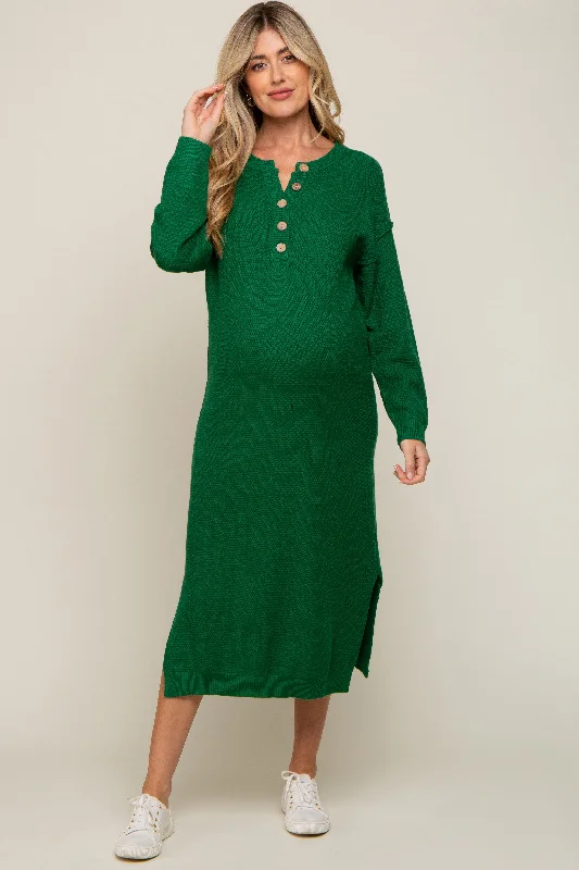 Hunter Green Waffle Knit Button Long Sleeve Maternity Midi Dress Casual midi dresses