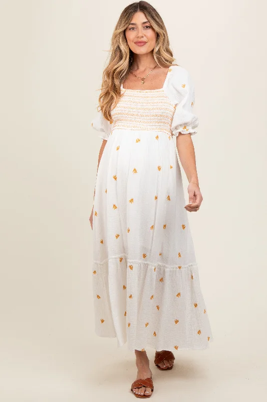 Ivory Gauze Smocked Embroidered Square Neck Maternity Midi Dress Vintage midi dresses