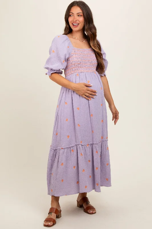 Lavender Gauze Smocked Embroidered Square Neck Maternity Midi Dress Festival midi dresses