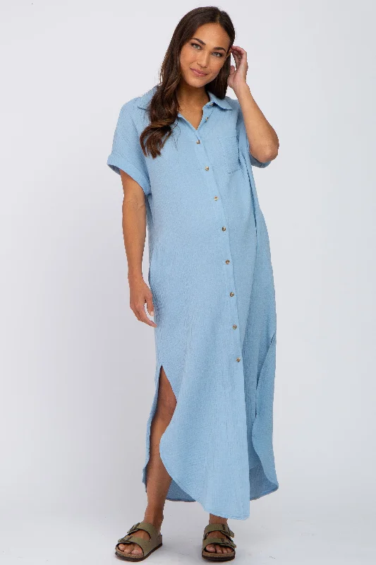 Light Blue Button Down Maternity Midi Dress Ruffled midi dresses