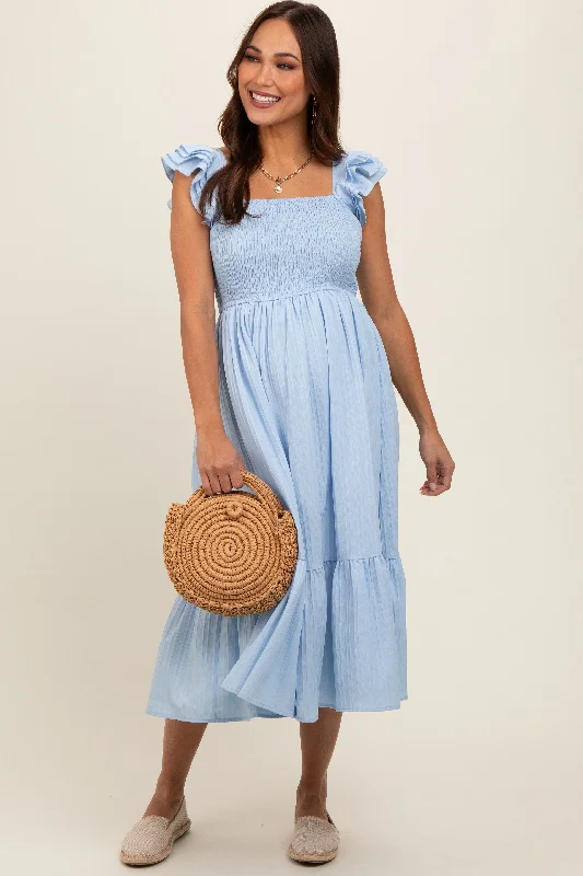 Light Blue Striped Flutter Sleeve Maternity Midi Dress Stretchy midi dresses