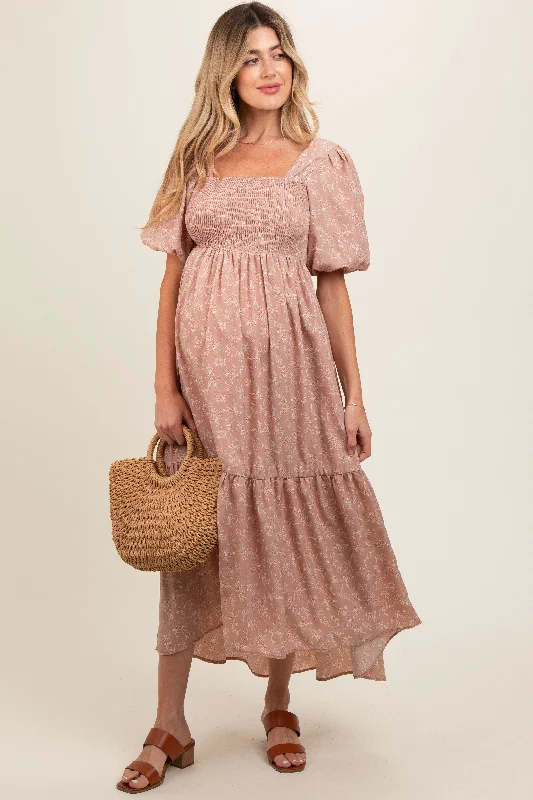 Light Pink Floral Smocked Square Neck Short Puff Sleeve Maternity Midi Dress Party midi dresses