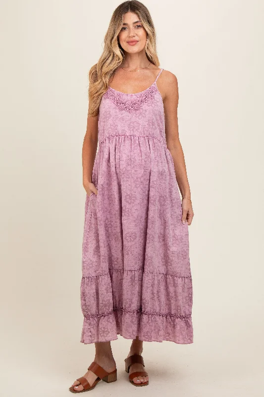 Mauve Embroidered Vintage Wash Maternity Midi Dress Smocked midi dresses