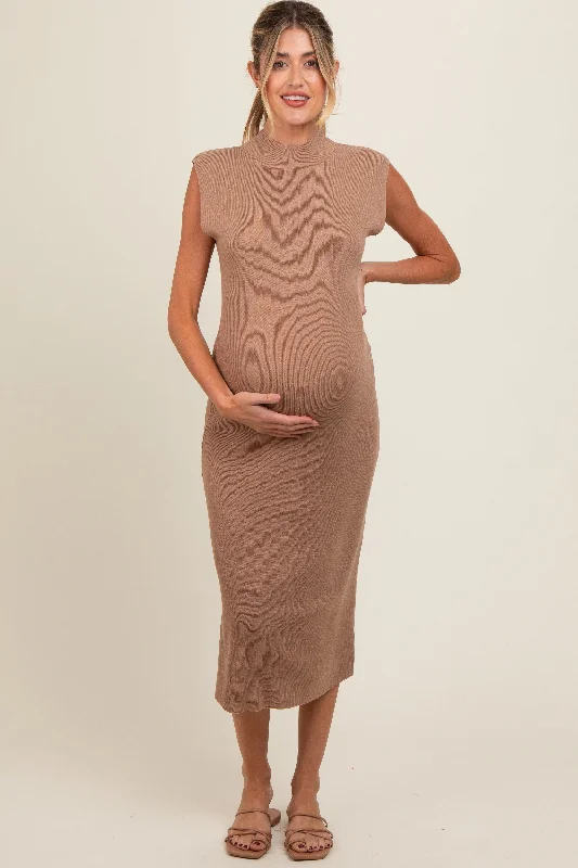 Mocha Knit Mock Neck Maternity Midi Dress Summer midi dresses