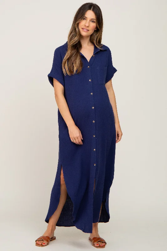 Navy Button Down Maternity Midi Dress H&M midi dresses