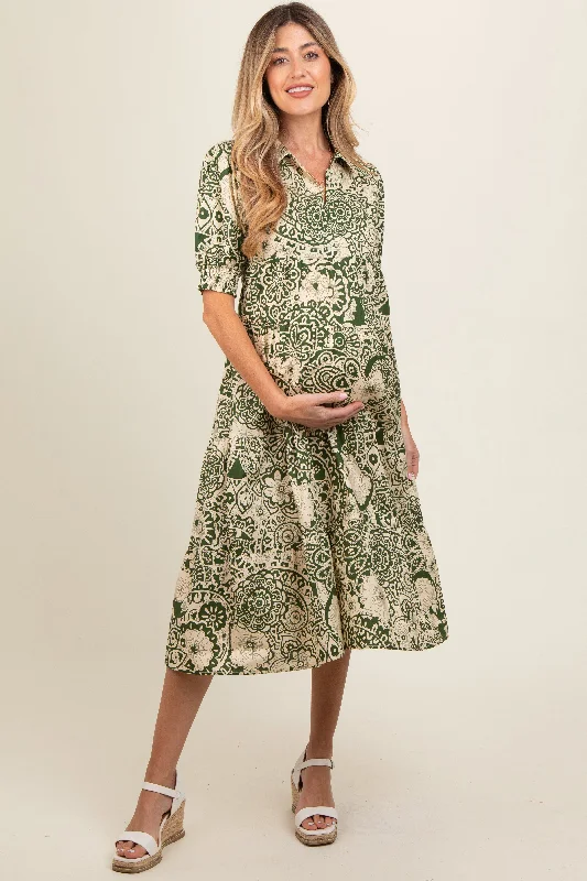 Olive Floral Collared Tiered Maternity Midi Dress Edgy midi dresses