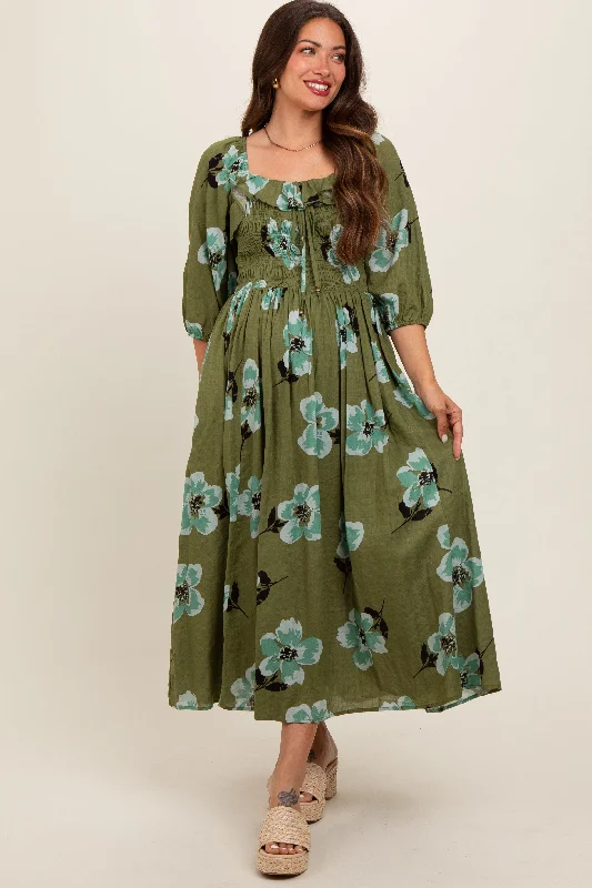 Olive Floral Smocked Maternity Midi Dress Best midi dresses for summer vacation