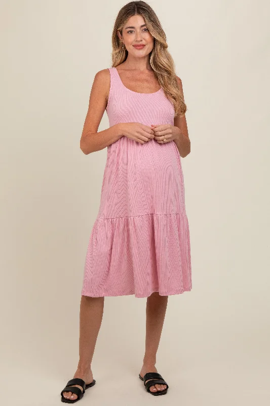 Pink Tiered Sleeveless Maternity Midi Dress Off-shoulder midi dresses