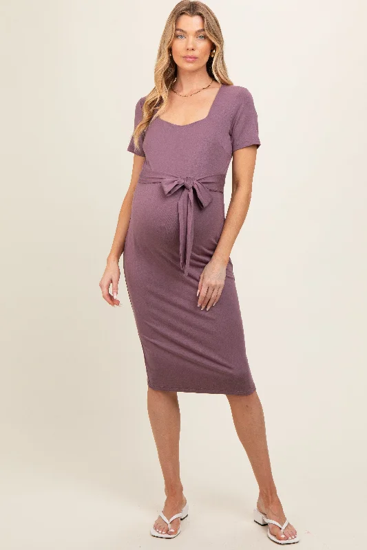 Purple Square Neck Belted Maternity Midi Dress New Year's Eve midi dresses