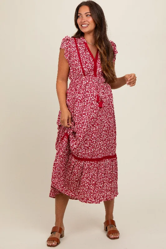 Red Floral Lace Trim Maternity Midi Dress Must-have midi dresses for this season