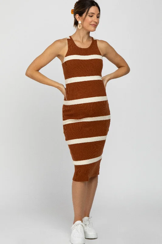 Rust Striped Sleeveless Sweater Maternity Midi Dress Tiered midi dresses