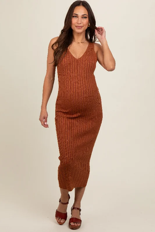 Rust V Neck Sleeveless Knit Maternity Midi Dress Fashion-forward midi dresses