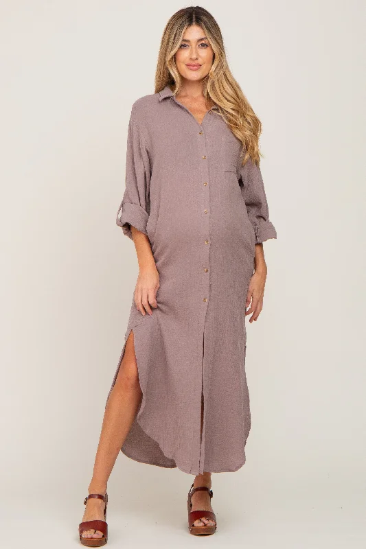 Taupe Button Down 3/4 Sleeve Maternity Midi Dress Leather midi dresses