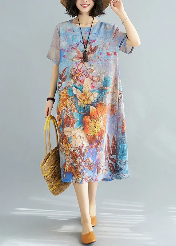 Beautiful Blue O Neck Print Cotton Dresses Summer JH026 Knitted floral dresses