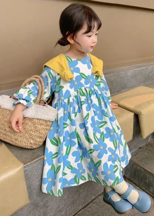 Beautiful Blue O Neck Print Cotton Girls Long Dress Long Sleeve XZ089 Budget-friendly floral dresses