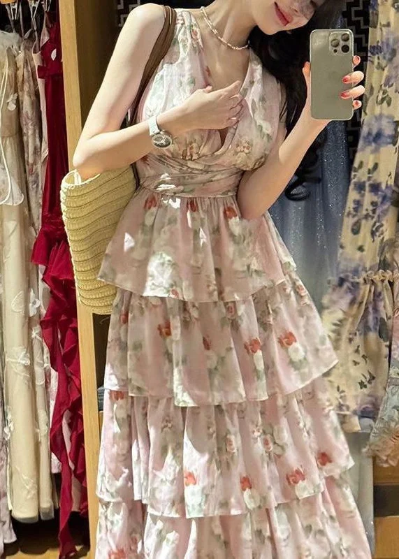 Bohemian Pink V Neck Print Chiffon Long Dresses Sleeveless ZL025 Boohoo floral dresses