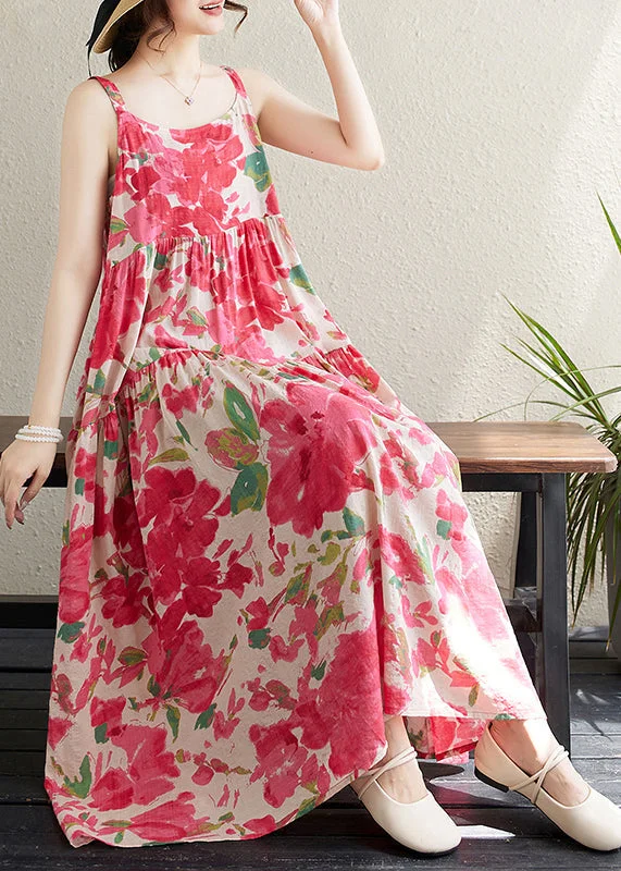 Bohemian Red Print Patchwork Cotton Spaghetti Strap Dress Sleeveless JH059 Midi floral dresses