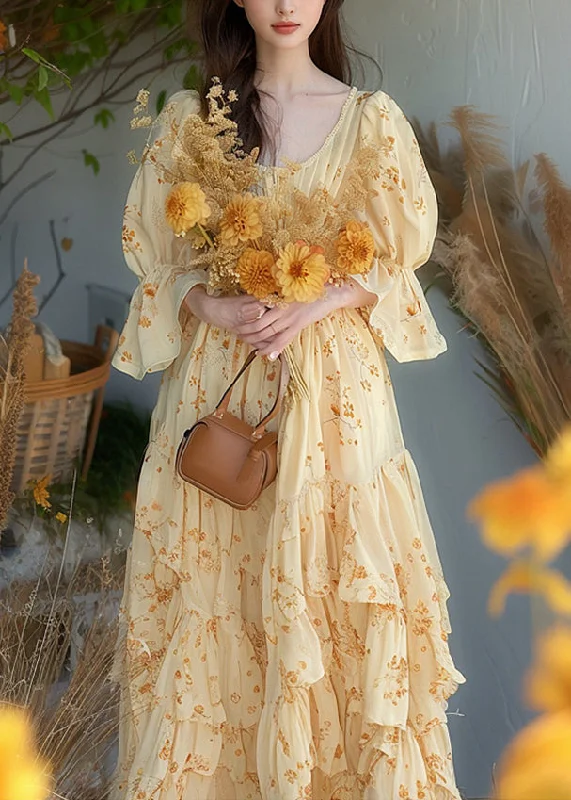 Chic Yellow Ruffled Print Chiffon Dress Flare Sleeve KJ013 Chic floral dresses