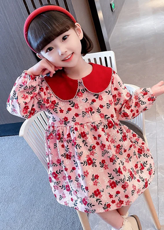 Cute Red Peter Pan Collar Print Cotton Girls Dresses Long Sleeve XZ008 Best floral dresses for tall women