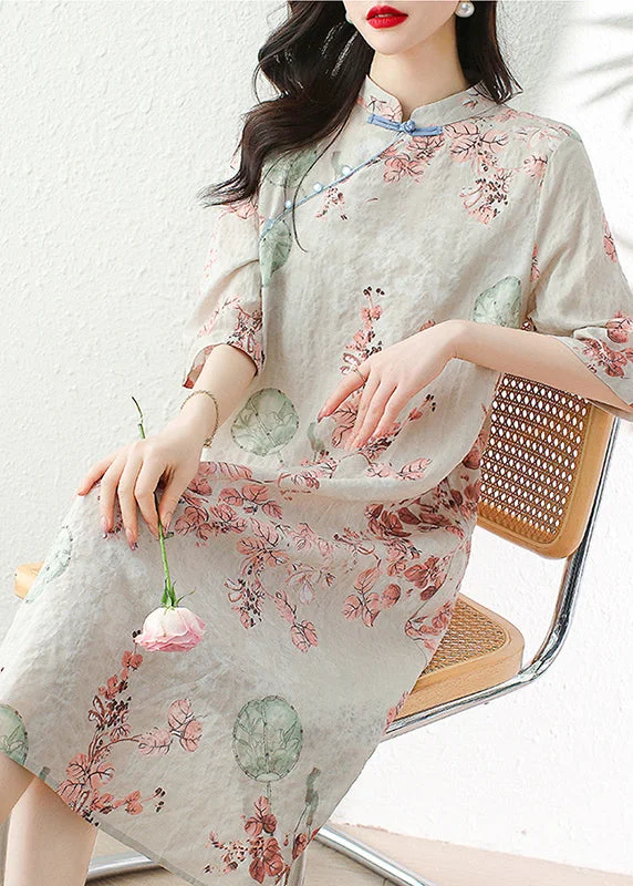 Elegant Apricot Button Print Linen Dress Half Sleeve JH012 Lace floral dresses