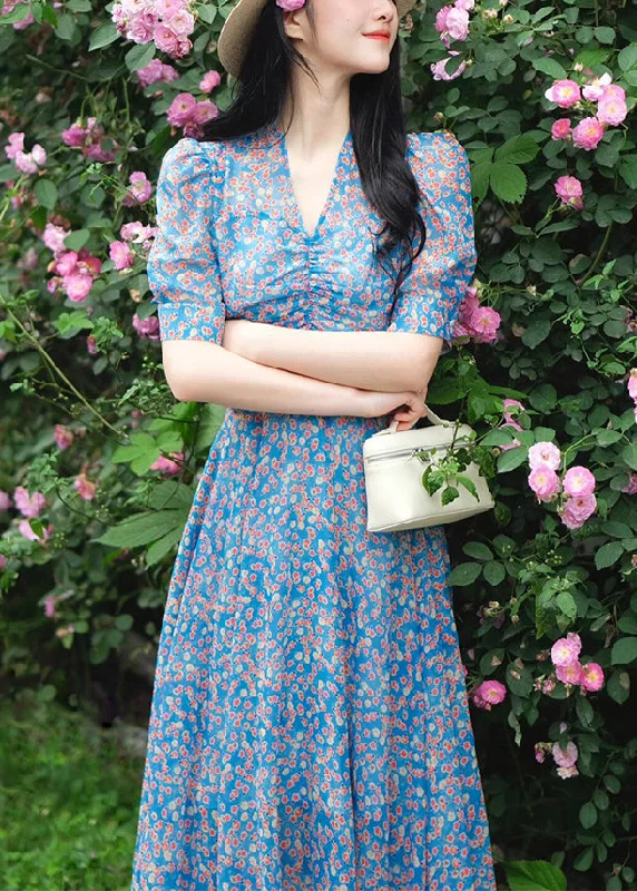 Elegant Blue V Neck Print Pockets Cotton Dress Summer KJ009 Vintage floral dresses