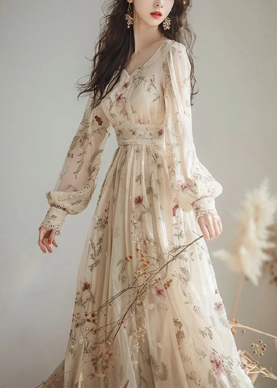 Elegant V Neck Print High Waist Chiffon Dress Long Sleeve KJ007 Vacation floral dresses