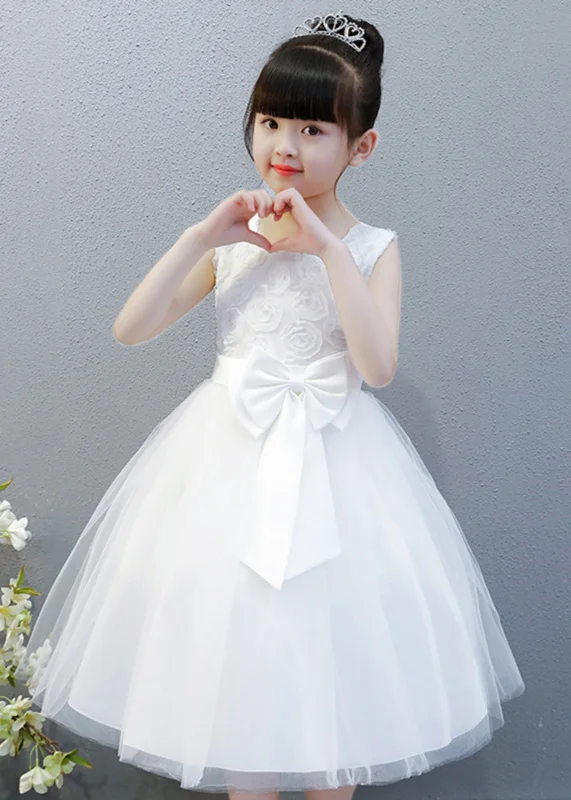 Elegant White O-Neck Floral Bow Tulle Kids Long Gowns Dress Sleeveless XZ048 Best floral dresses for work