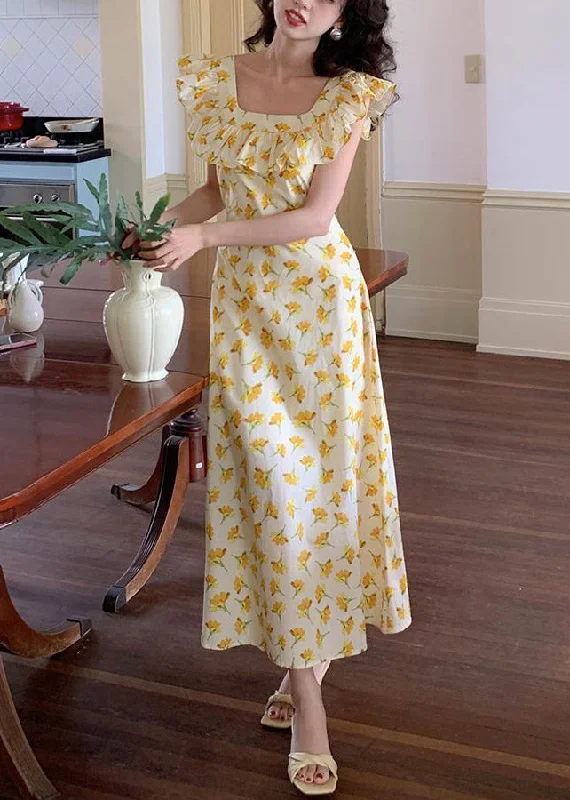 Elegant Yellow Ruffled Print Cotton Long Dress Sleeveless ZL017 ASOS floral dresses