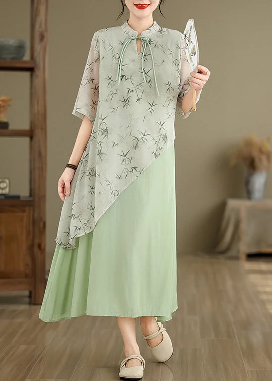 Green Print False Two Pieces Cotton Dresses Stand Collar Summer JH050 Formal floral dresses