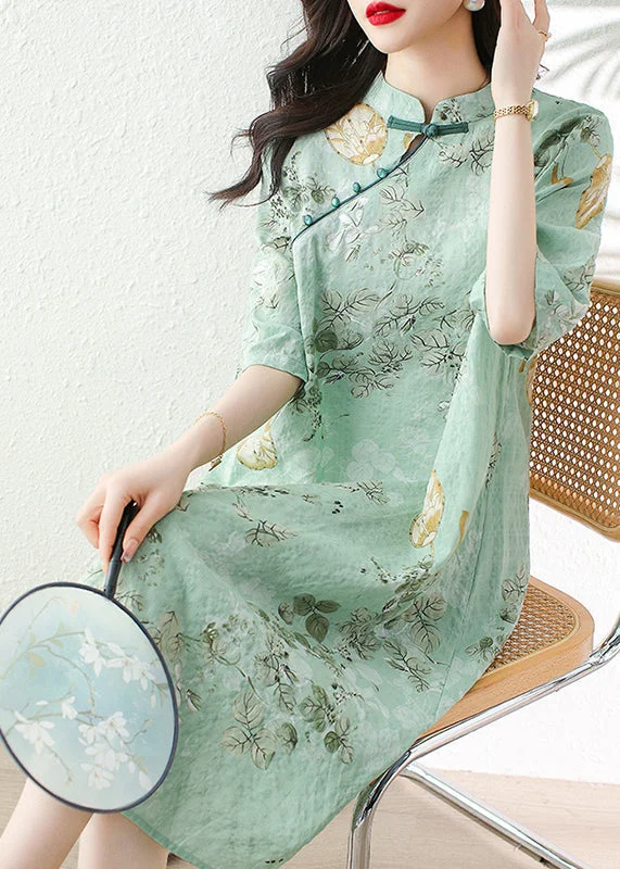 Green Print Linen Dresses Stand Collar Summer JH013 Linen floral dresses