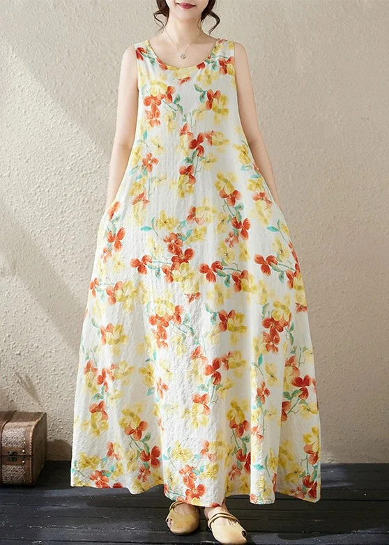 Loose Yellow Print Pockets Cotton Long Dress Sleeveless JH037 Casual floral dresses