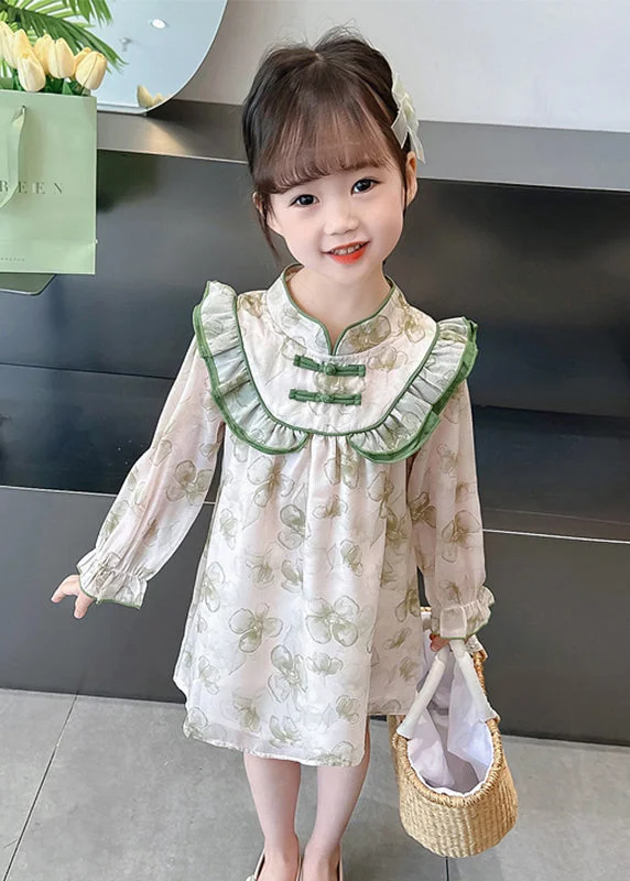 Lovely Green Ruffled Print Cotton Girls Dress Long Sleeve XZ087 Luxury floral dresses