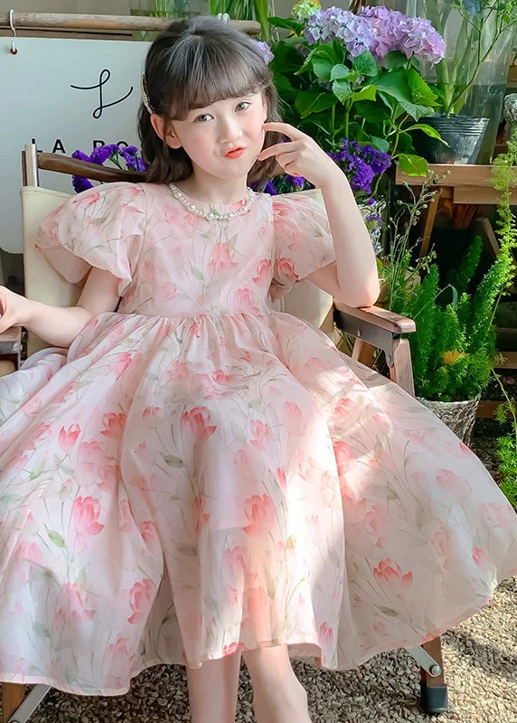 Lovely Pink Print Wrinkled Chiffon Girls Long Dress Short Sleeve XZ028 Best floral dresses for beach vacations